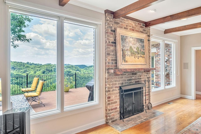 5053 Villa Crest Dr, Nashville, TN 37220 - living room featuring beam ceiling, light wood-style floors, plenty of natural light, a fireplace, and ornamental molding