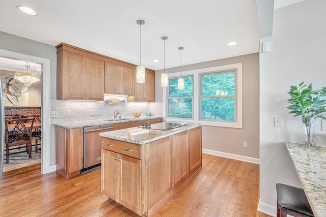 5053 Villa Crest Dr, Nashville, TN 37220 - kitchen with dishwasher, light wood-type flooring, light stone countertops, decorative backsplash, and black electric cooktop