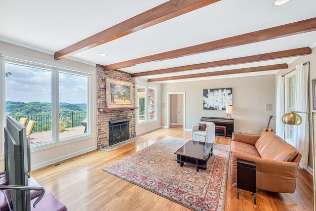 5053 Villa Crest Dr, Nashville, TN 37220 - living area featuring a fireplace, plenty of natural light, beam ceiling, light wood finished floors, and recessed lighting