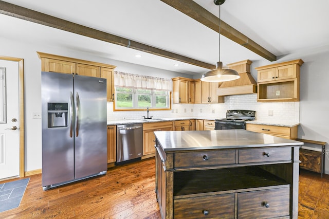 kitchen featuring dark hardwood / wood-style floors, beamed ceiling, stainless steel appliances, sink, and custom exhaust hood