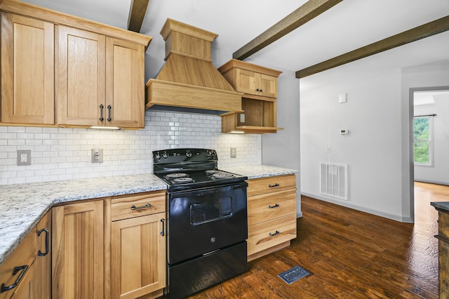 kitchen featuring beamed ceiling, custom exhaust hood, tasteful backsplash, black electric range oven, and dark hardwood / wood-style flooring