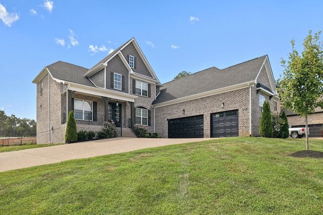 view of front of house featuring brick siding, driveway, an attached garage, and a front yard