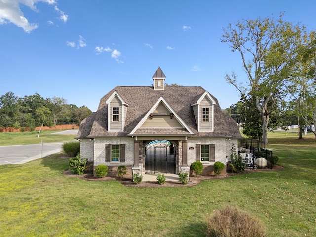 view of front of home featuring brick siding, a front lawn, and roof with shingles