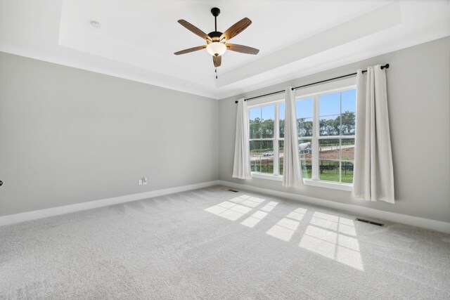 spare room with a raised ceiling, ceiling fan, and light carpet