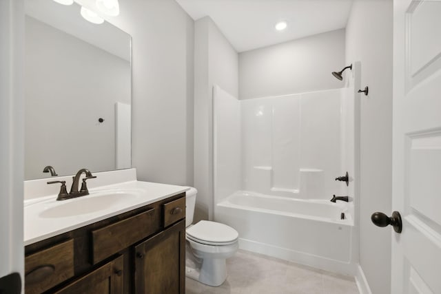 full bath featuring shower / bathtub combination, toilet, vanity, and tile patterned flooring