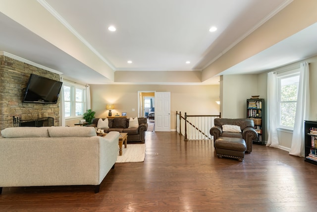 living room with a raised ceiling, a fireplace, dark hardwood / wood-style flooring, and crown molding