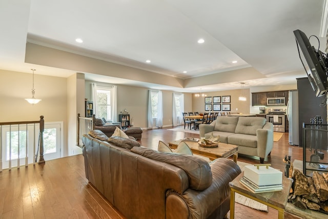 living room featuring crown molding, a raised ceiling, and light hardwood / wood-style flooring