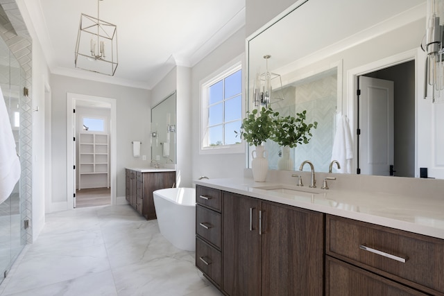 bathroom with ornamental molding, vanity, and independent shower and bath