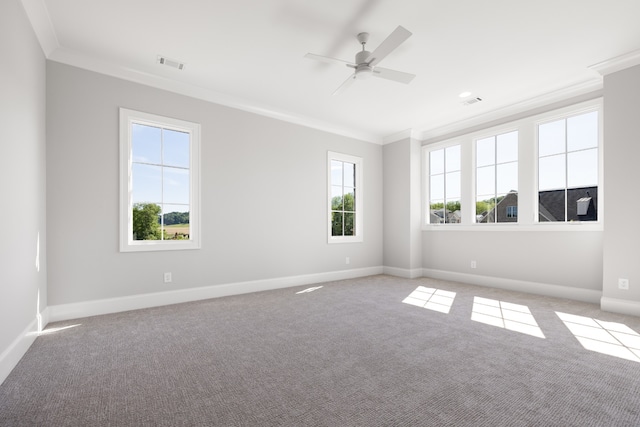 spare room featuring light colored carpet, ceiling fan, and ornamental molding