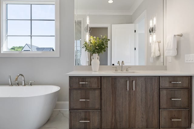 bathroom featuring crown molding, vanity, and a washtub