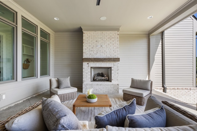 view of patio featuring an outdoor living space with a fireplace