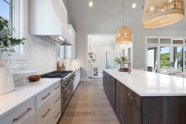 kitchen with custom range hood, range with two ovens, sink, and white cabinetry