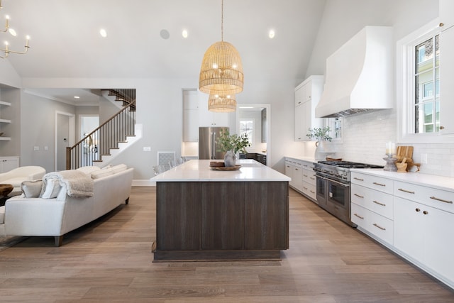 kitchen featuring premium range hood, stainless steel appliances, an inviting chandelier, and light hardwood / wood-style flooring