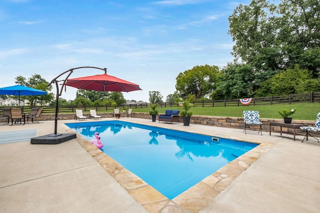 view of pool featuring a lawn and a patio area