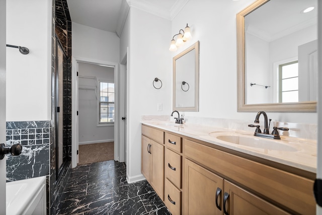 bathroom featuring crown molding, vanity, separate shower and tub, and tile walls