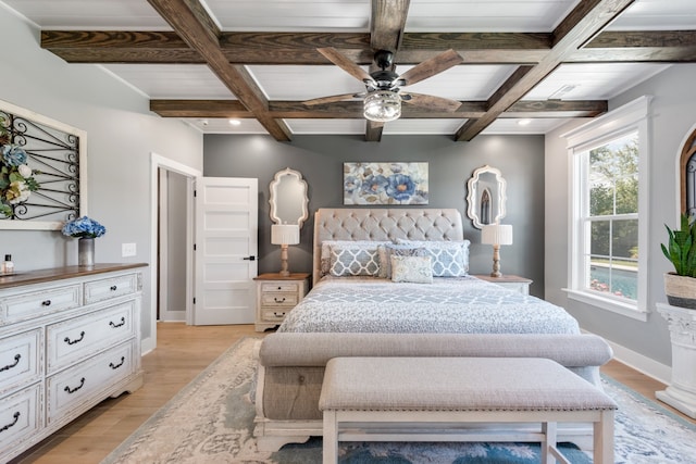 bedroom featuring ceiling fan, coffered ceiling, beam ceiling, and light hardwood / wood-style floors