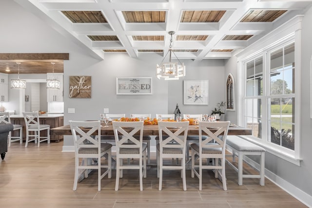 dining area featuring coffered ceiling, beamed ceiling, and light hardwood / wood-style floors