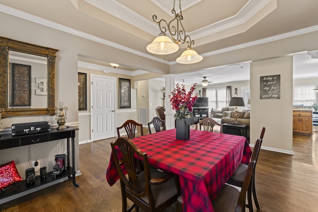 dining room featuring a healthy amount of sunlight, a raised ceiling, and dark wood-type flooring