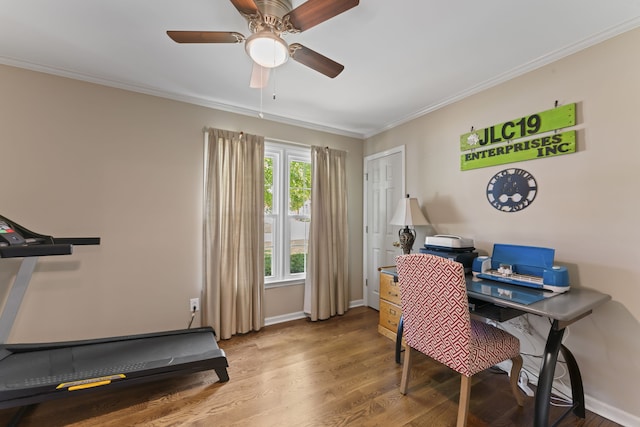 office with crown molding, hardwood / wood-style floors, and ceiling fan