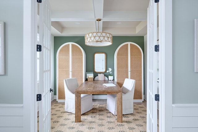 dining space featuring coffered ceiling and beamed ceiling