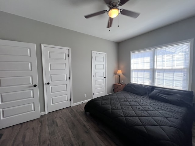 bedroom featuring two closets, ceiling fan, and dark hardwood / wood-style floors