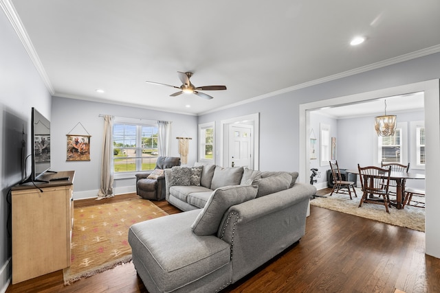 living room featuring crown molding, ceiling fan with notable chandelier, and hardwood / wood-style flooring