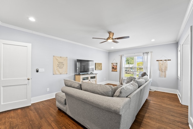 living room with ceiling fan, ornamental molding, and dark hardwood / wood-style flooring