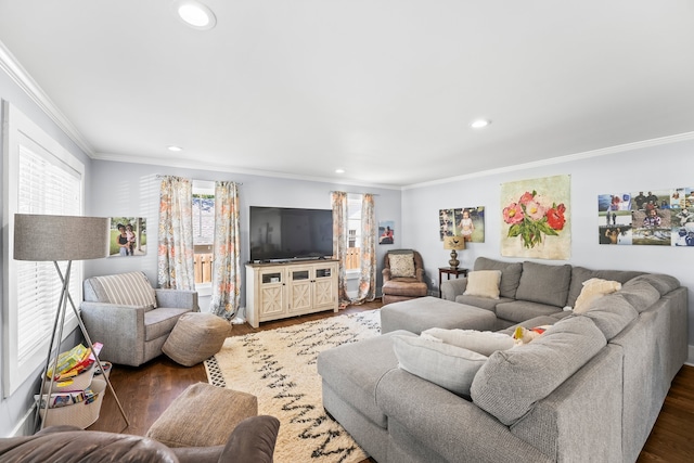 living room with ornamental molding and dark wood-type flooring