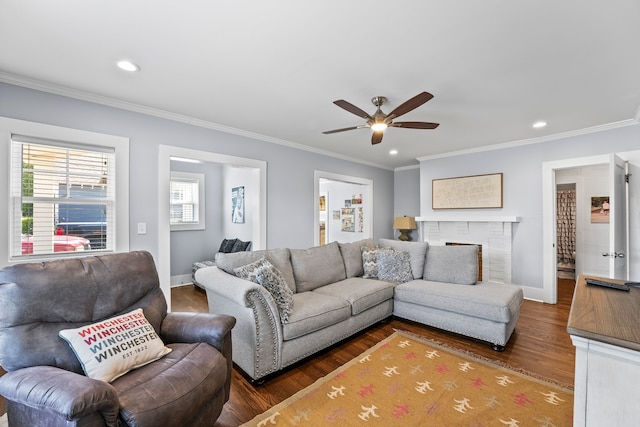 living room featuring ornamental molding, ceiling fan, and dark hardwood / wood-style floors