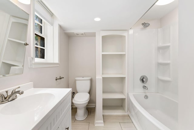 full bath featuring visible vents, toilet, vanity, and bathing tub / shower combination