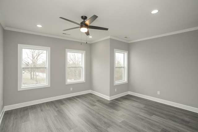 unfurnished room featuring ornamental molding, ceiling fan, and dark hardwood / wood-style floors