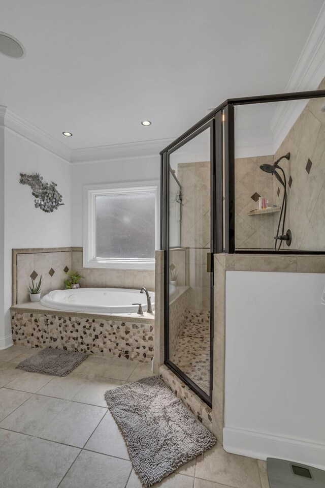 bathroom featuring tile patterned flooring, ornamental molding, and plus walk in shower