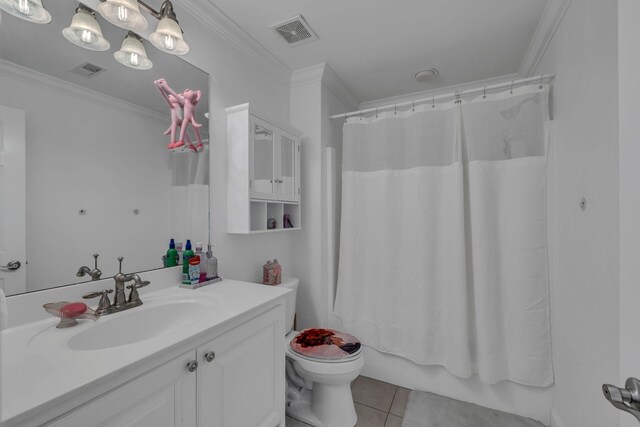 full bathroom with ornamental molding, vanity, toilet, and shower / bath combination with curtain