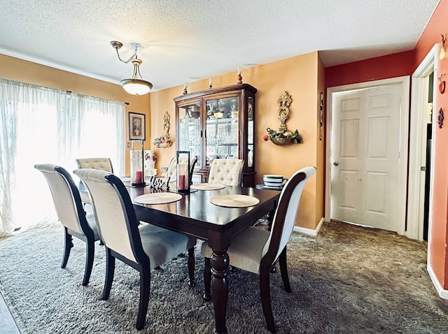 carpeted dining space with a textured ceiling