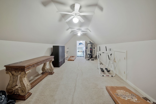 additional living space featuring light carpet, lofted ceiling, and ceiling fan