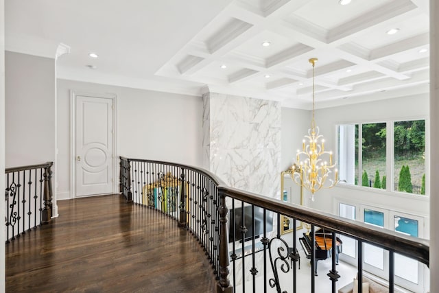 1077 Stockett Dr, Nashville, TN 37221 - corridor with an upstairs landing, coffered ceiling, beamed ceiling, and wood finished floors