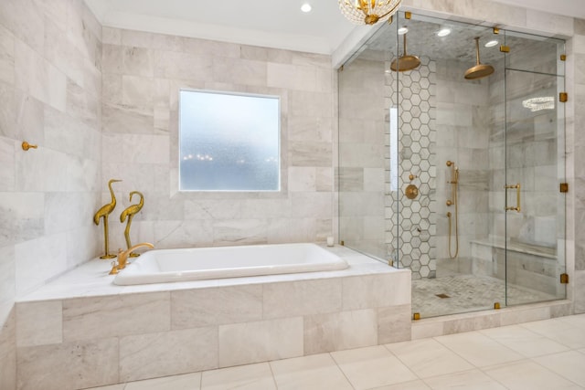 1077 Stockett Dr, Nashville, TN 37221 - bathroom featuring tile patterned floors, a shower stall, a bath, ornamental molding, and tile walls