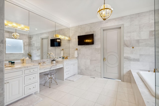 1077 Stockett Dr, Nashville, TN 37221 - full bath featuring tile walls, double vanity, a chandelier, and tile patterned flooring