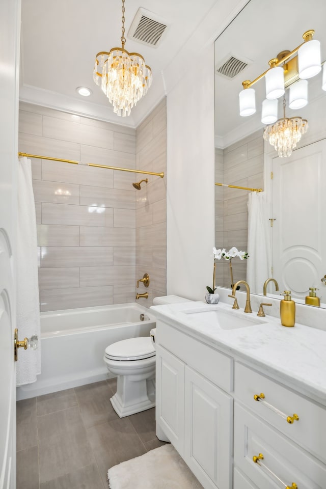 full bathroom with toilet, tile patterned floors, vanity, an inviting chandelier, and shower / tub combo