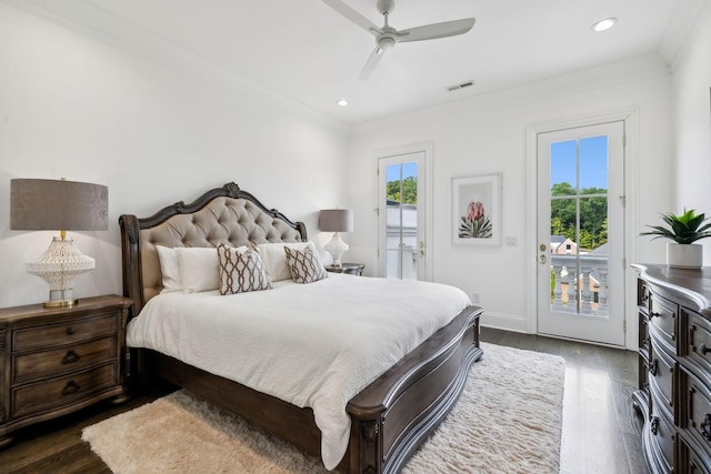 1077 Stockett Dr, Nashville, TN 37221 - bedroom featuring visible vents, ornamental molding, access to outside, and dark wood finished floors