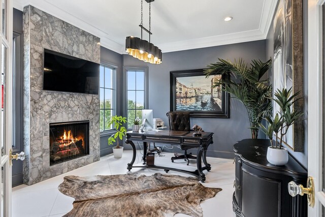 1077 Stockett Dr, Nashville, TN 37221 - office with tile patterned flooring, crown molding, and a fireplace