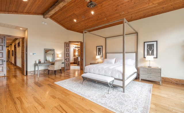 bedroom featuring wood ceiling, vaulted ceiling with beams, and light hardwood / wood-style floors