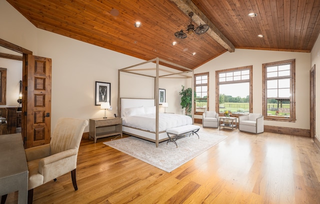 bedroom featuring light wood-type flooring, wood ceiling, and lofted ceiling with beams