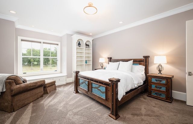 carpeted bedroom featuring ornamental molding