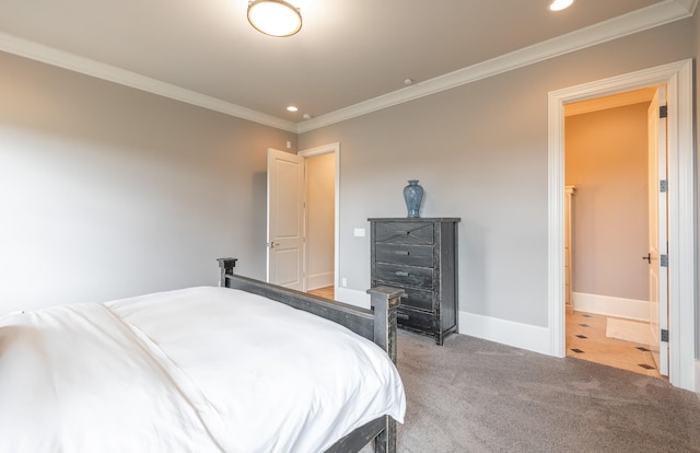 bedroom with carpet, recessed lighting, crown molding, and baseboards