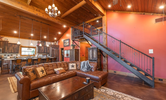 living room with wooden ceiling, beamed ceiling, high vaulted ceiling, and a notable chandelier