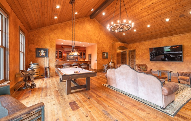 interior space featuring light wood-type flooring, high vaulted ceiling, wooden ceiling, and a wealth of natural light