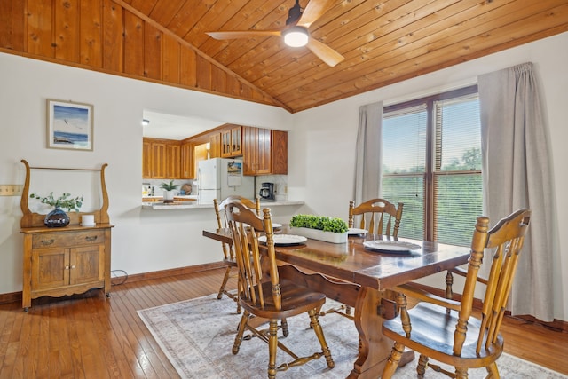 dining area featuring ceiling fan, lofted ceiling, light hardwood / wood-style floors, and wooden ceiling