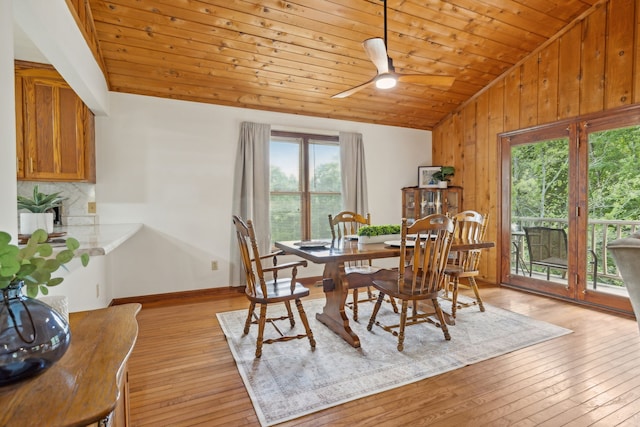 dining space with ceiling fan, wood walls, light hardwood / wood-style flooring, wooden ceiling, and vaulted ceiling