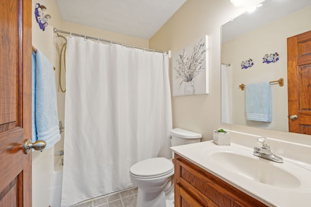 full bathroom with vanity, toilet, and shower / bathtub combination with curtain